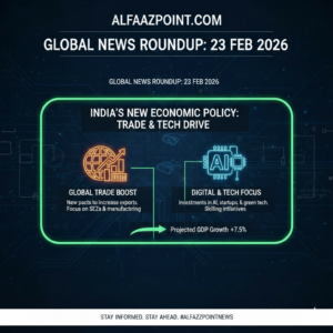 Infographic titled India's New Economic Policy 2026 showing a globe for trade boost and an AI chip for digital focus with a projected GDP growth of 7.5%.