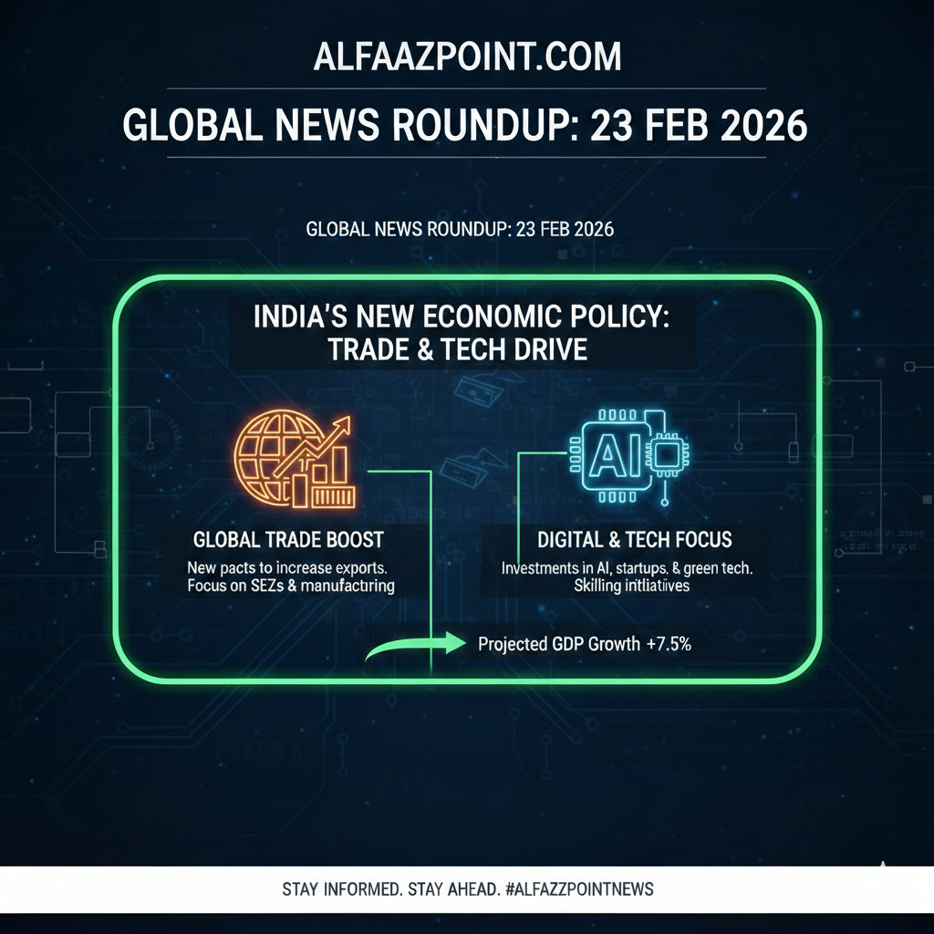 Infographic titled India's New Economic Policy 2026 showing a globe for trade boost and an AI chip for digital focus with a projected GDP growth of 7.5%.