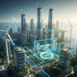 A futuristic sustainable city with giant wind turbines, solar panels, and green skyscrapers under a clear sky.