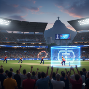 A high-tech cricket stadium in Rio de Janeiro with a digital 'Power-Over' graphic on the field and players in action.