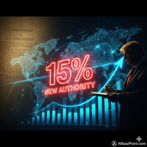 President Trump imposing a new 15% global tariff with legal documents and economic graphs.