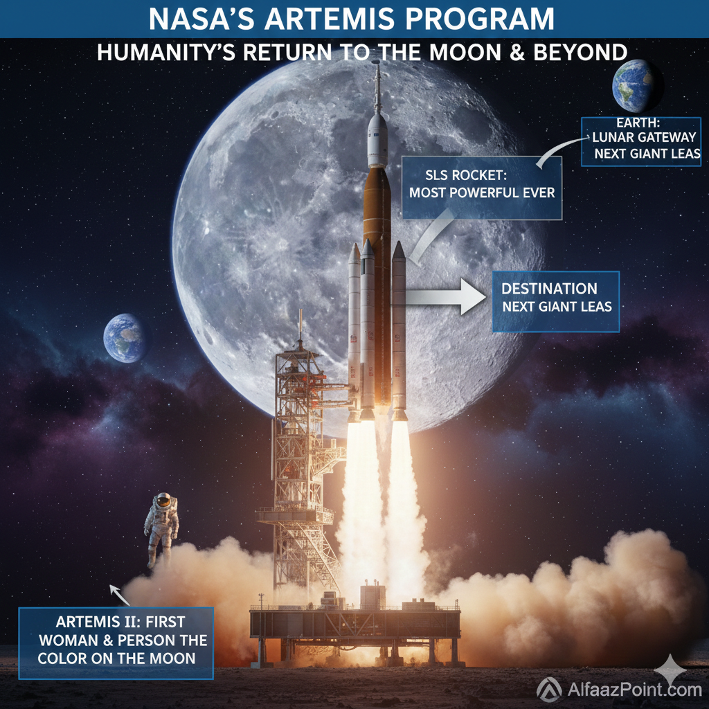NASA's Space Launch System (SLS) rocket and Orion spacecraft standing on Launch Pad 39B under a lunar sky.