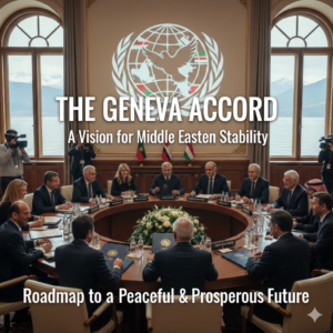 A professional photograph of an international diplomatic summit in Geneva. Leaders are seated at a round table with blue folders, surrounded by cameras. The background features a large glowing peace dove logo and a view of mountains through the windows. Text on the image reads "The Geneva Accord: A Vision for Middle Eastern Stability."