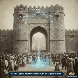 "A creative fusion of a vintage stone gateway and glowing digital AI circuits, showing a crowd of people entering a digital future, representing Global South's digital trust and vision โ AlfaazPoint.com Exclusive."