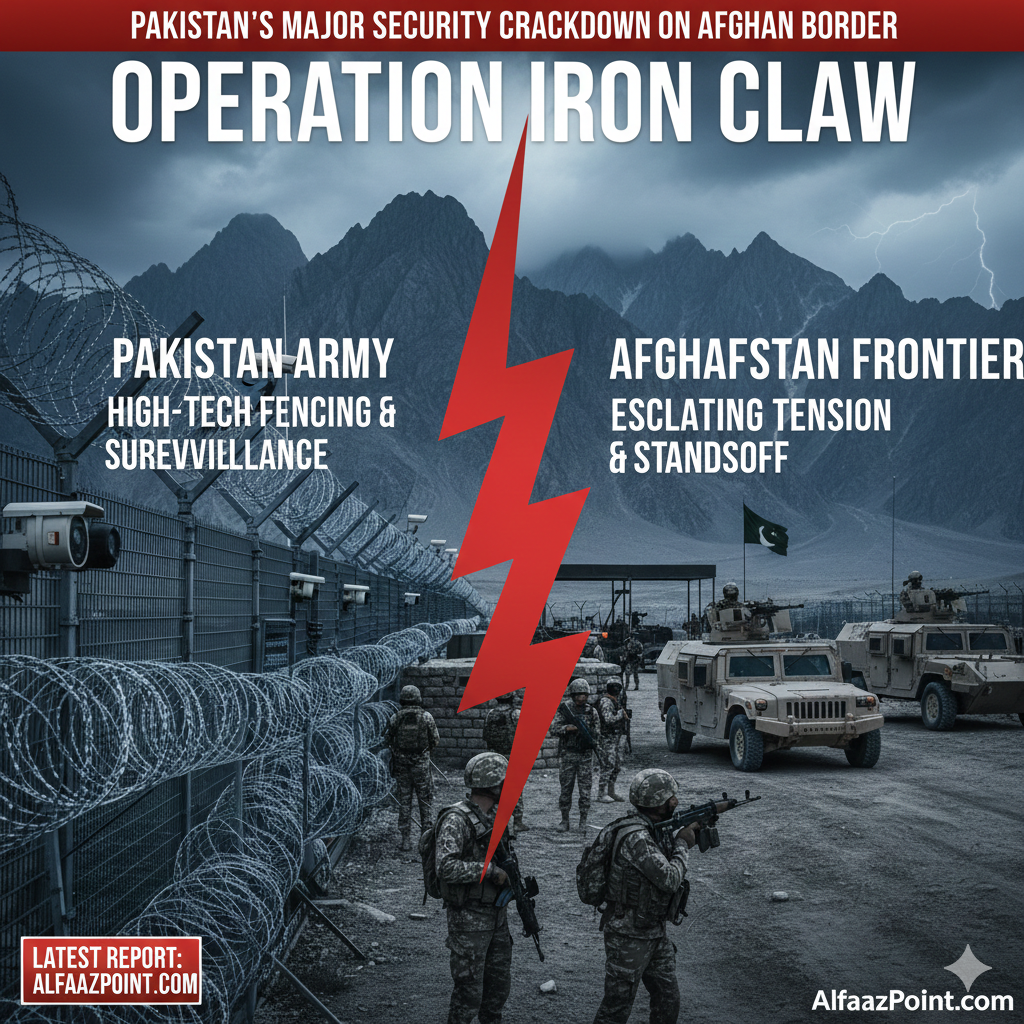 Pakistani military vehicles and soldiers patrolling the rugged mountainous terrain of the Afghanistan border under a stormy sky.