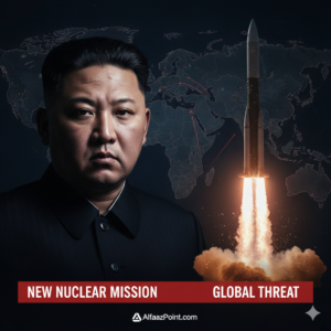 "North Korean leader Kim Jong Un with a background of ICBM missile launches, titled 'New Nuclear Mission 2026' - Exclusive Report by Alfaaz Point."