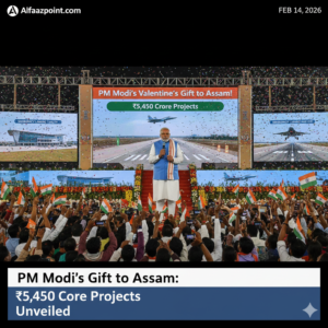 Today Breaking News 14 February 2026 Collage: PM Modi Assam Visit, Gold Price Crash, Bangladesh Election Result, and Zimbabwe vs Australia T20 World Cup.