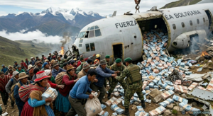 Wreckage of a Fuerza Aérea Boliviana plane with cash piles and people gathering at the site.