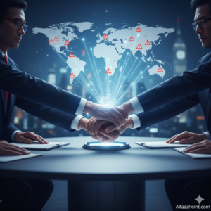 International diplomats and world leaders in a high-stakes meeting to prevent global conflict, featuring a world map with warning alerts.