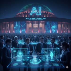 India AI Impact Summit 2026 at Bharat Mandapam New Delhi with futuristic AI technology displays.