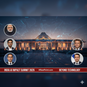 "A futuristic news graphic of Bharat Mandapam in New Delhi with digital AI patterns, featuring portraits of PM Narendra Modi, Sundar Pichai, Sam Altman, and Emmanuel Macron for the India AI Impact Summit 2026 – Alfaaz Point."