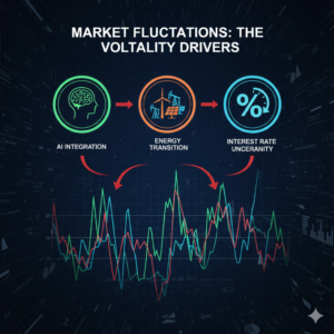 A dark-themed financial infographic titled "Market Fluctuations: The Volatility Drivers." It features three glowing icons for AI, Energy, and Interest Rates, connected by arrows to a jagged stock market line graph at the bottom. The image uses blue, green, and orange neon accents to highlight data trends.