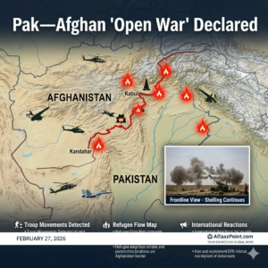Map showing Pakistan-Afghanistan border conflict, airstrikes in Kabul, and military movements along the Durand Line.