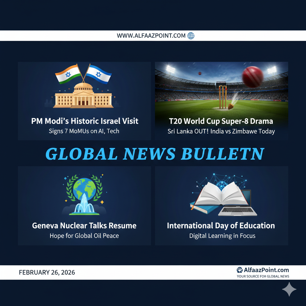 Collage of PM Modi's Israel visit, T20 World Cup action, Geneva Nuclear talks, and International Education Day for AlfaazPoint news."