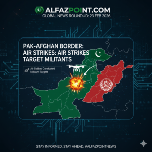 A geopolitical map of the Pakistan-Afghanistan border with fire icons and drone symbols indicating military airstrikes on militant targets.