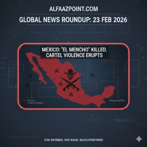 A red-themed news graphic of the Mexico map with a skull and crossed rifles icon, marking the death of cartel leader El Mencho.