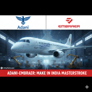 "Industrial assembly line of an Embraer aircraft with a 'Made in India' stamp, featuring Adani and Embraer logos, professional news graphic for AlfaazPoint.com."
