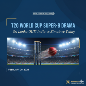 A cricket stadium with a red ball hitting the stumps, highlighting T20 World Cup Super-8 matches.