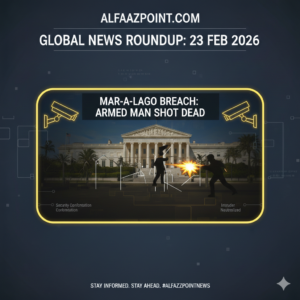 Digital illustration of a security perimeter at a luxury estate with a spotlight on a breach point, representing the Mar-a-Lago incident.