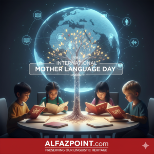 Children from diverse backgrounds reading books in their native languages, celebrating International Mother Language Day 2026, with a world map and language icons.