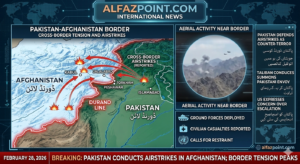 Map of Pakistan-Afghanistan border showing Durand Line and locations of reported airstrikes.