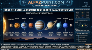 Infographic showing the alignment of all nine planets from the Sun against a dark mountain horizon.