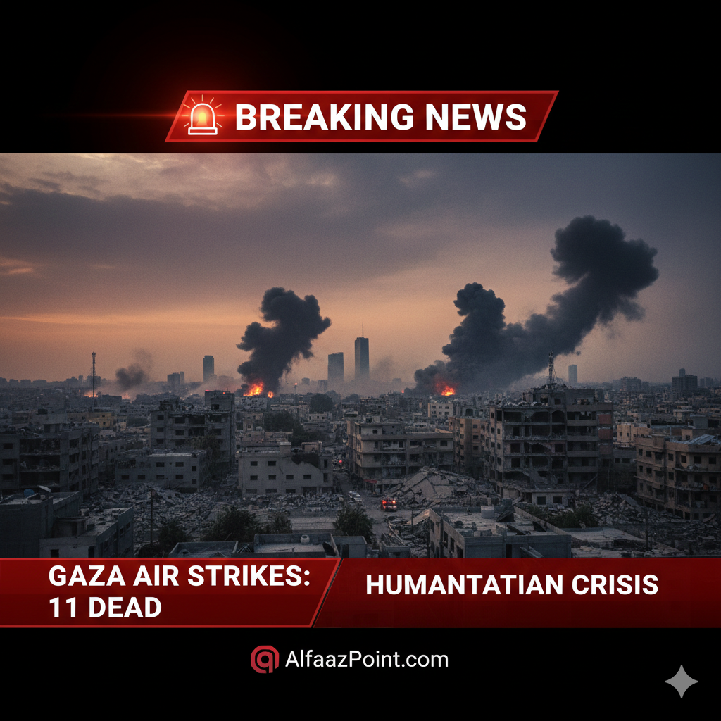 Gaza City skyline with heavy black smoke rising from buildings after fresh airstrikes, featuring a Breaking News banner and 11 dead casualty report – Alfaaz Point International News