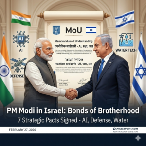 PM Narendra Modi and the Israeli Prime Minister shaking hands during the signing of 7 strategic MoUs in Jerusalem.