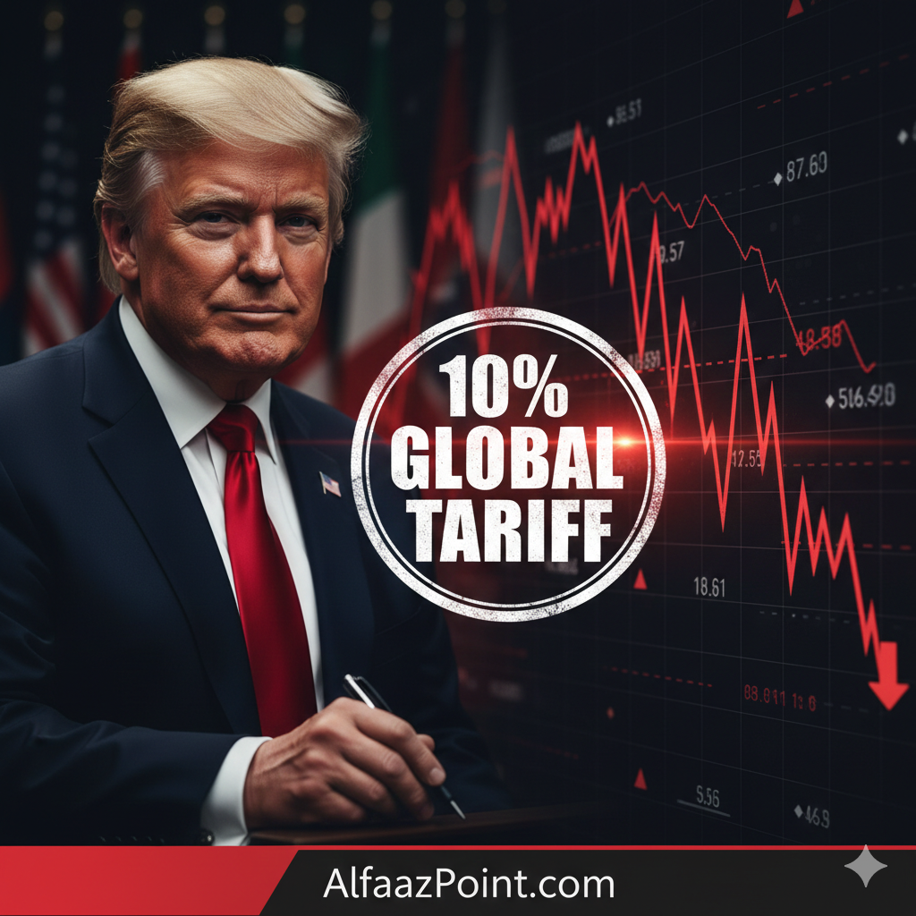 President Donald Trump signing a trade document with a background of global stock market charts and a 10% tariff banner."