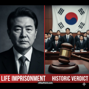 Former South Korean President Yoon Suk Yeol portrait next to a courtroom gavel and South Korean flag, symbolizing the historic life imprisonment verdict 2026 - Alfaaz Point News."