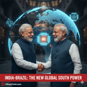 PM Narendra Modi and Brazilian President Lula da Silva shaking hands at Bharat Mandapam with a digital world map and icons representing AI and Critical Minerals โ Alfaaz Point International News."