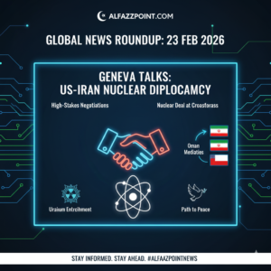 A diplomatic news banner showing a handshake in front of a nuclear atom symbol and the flags of Iran and the United States for the Geneva summit.