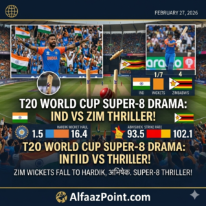 Indian cricketers Hardik Pandya and Abhishek Sharma celebrating a wicket during the T20 World Cup match against Zimbabwe.