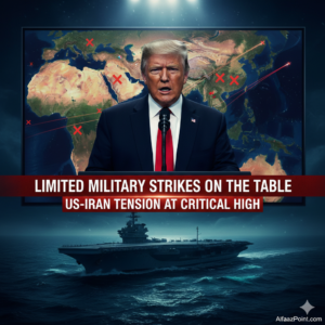 President Trump delivering a warning with a map showing potential strike zones, and an aircraft carrier in the foreground, representing military options.