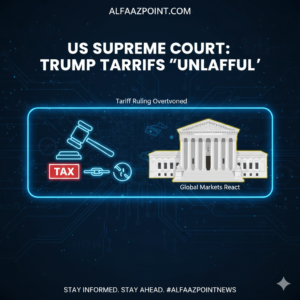 Infographic showing the US Supreme Court building and a legal gavel striking down a tariff chain, representing the 2026 ruling against Trump's trade policy.