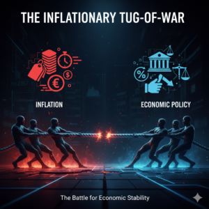 A conceptual illustration of a tug-of-war representing inflation. One side shows rising prices and cost-of-living symbols, while the other side shows financial stabilizers. A thick rope is pulled tight between them over a background of economic data charts.