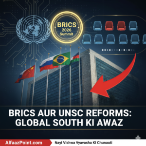 "Professional news graphic showing BRICS nations' flags (India, Brazil, Russia, China) in front of the UN building, with a golden 'BRICS 2026 Summit' emblem and a call for UNSC reforms โ AlfaazPoint.com Geopolitics."