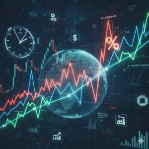 A professional financial chart showing fluctuating green and red lines representing market trends, overlaid with icons of a globe and a percentage symbol for inflation.