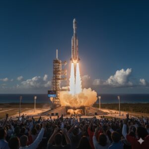 A powerful NASA rocket launching into the blue sky with a large crowd cheering in the foreground.