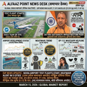 UP News Today Noida International Airport test flight trial and Heatwave alert in 5 cities news graphic by Alfaaz Point.