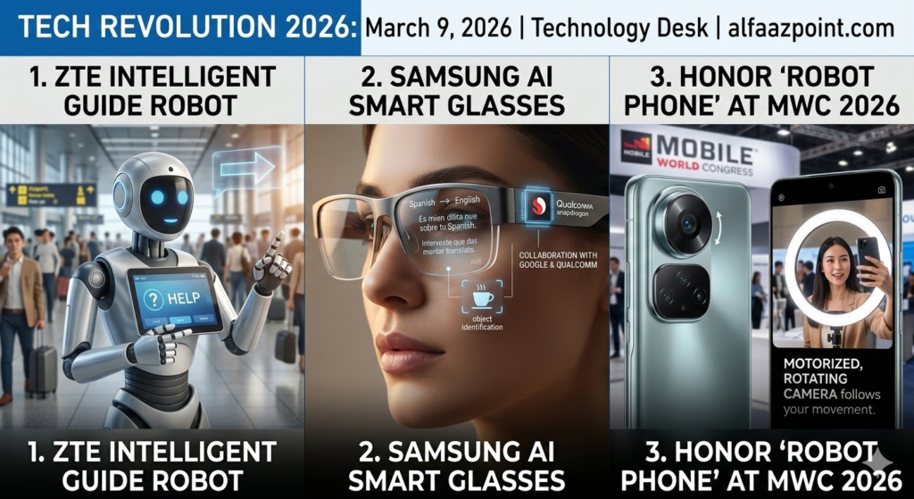 Technology News Collage March 2026 - AI Robots and Smart Glasses for alfaazpoint.com