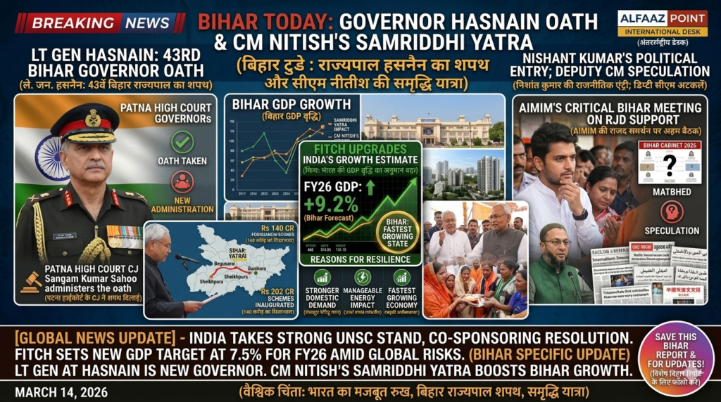 Bihar News Graphic: Lt Gen Syed Ata Hasnain Governor oath ceremony, CM Nitish Kumar Samriddhi Yatra in Sheikhpura, and Bihar GDP growth chart 2026 - Alfaaz Point Special Report.
