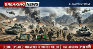 Pakistan Afghanistan border war 2026 military tanks and soldiers in mountain battle scene news graphic.