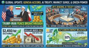 Infographic showing US-Iran flags, rising oil price charts, and military maps of Israel-Lebanon buffer zone.