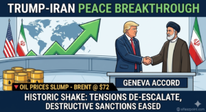 Illustration of Donald Trump and Iranian leader shaking hands for Geneva Accord with oil price chart.