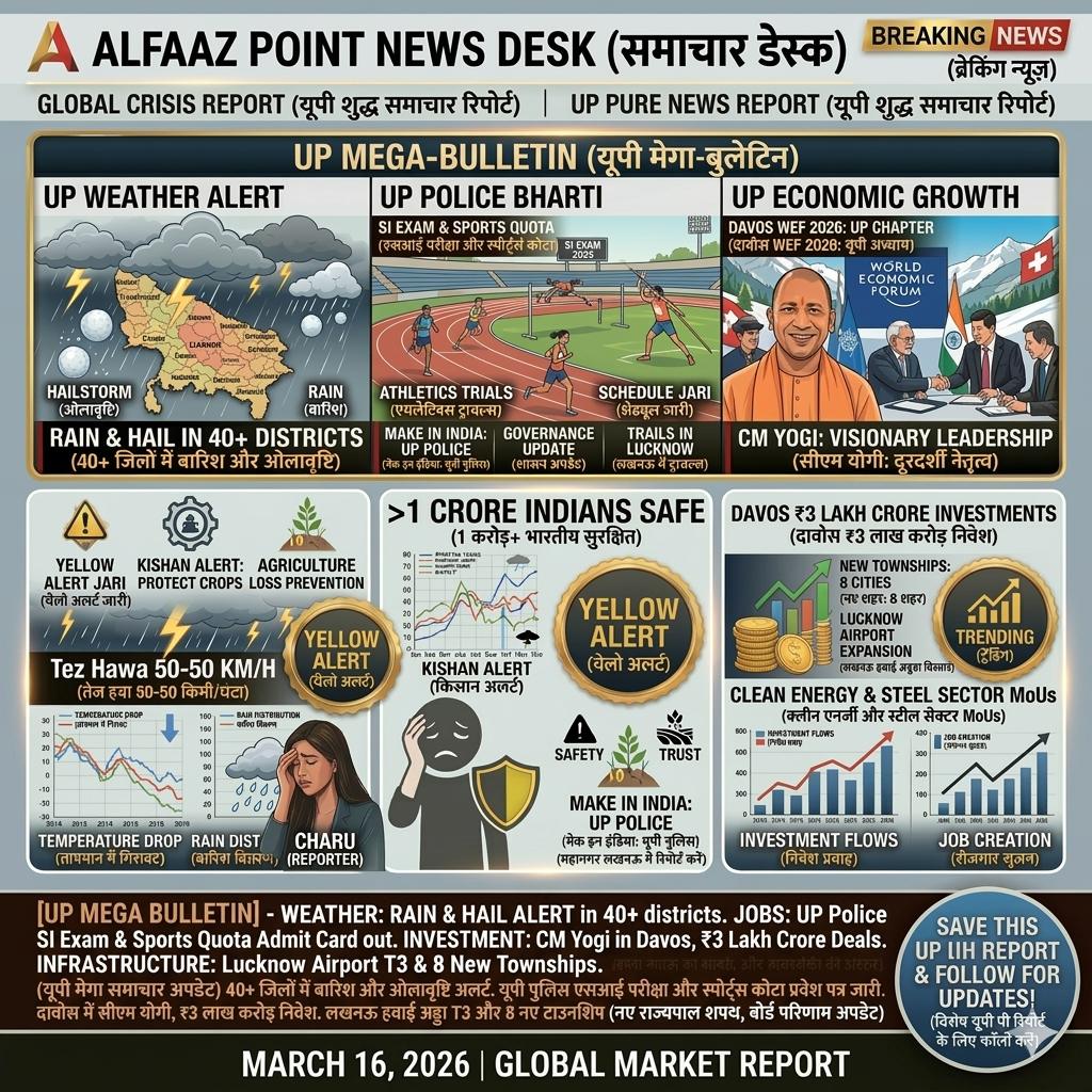 UP Weather alert rain and hailstorm in 40 districts, UP Police SI Exam 2026 telegram fraud FIR update, CM Yogi Adityanath Davos WEF 2026 investment news, and Lucknow Airport Terminal 3 expansion project graphic by Alfaaz Point.