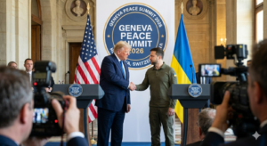 Donald Trump and Volodymyr Zelenskyy handshake at Geneva Peace Summit 2026 Alfaaz Point News.
