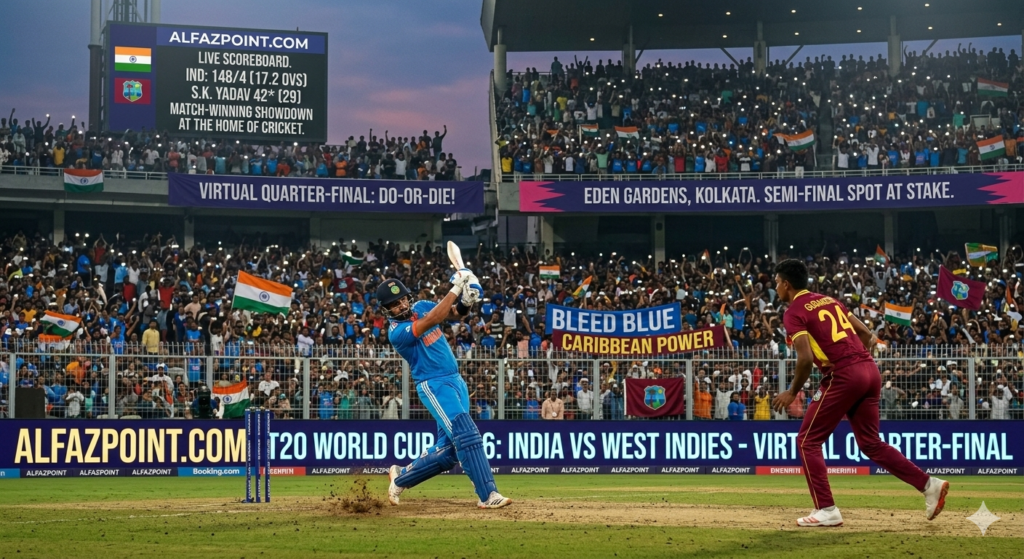 India vs West Indies T20 World Cup 2026 Virtual Quarter-Final match at Eden Gardens Kolkata featuring Alfazpoint.com logo and live score updates.