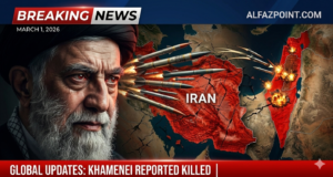 Iran Israel conflict map 2026 with missile strikes and Ayatollah Khamenei portrait news banner.
