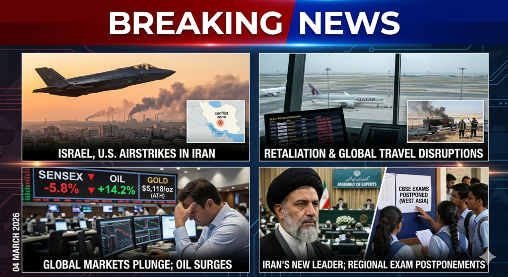 Breaking news collage of March 4, 2026, showing U.S.-Israel airstrikes in Iran, global stock market crash with Sensex down 5.8%, record oil and gold prices, grounded international flights, and CBSE exam postponement notice for Indian students.